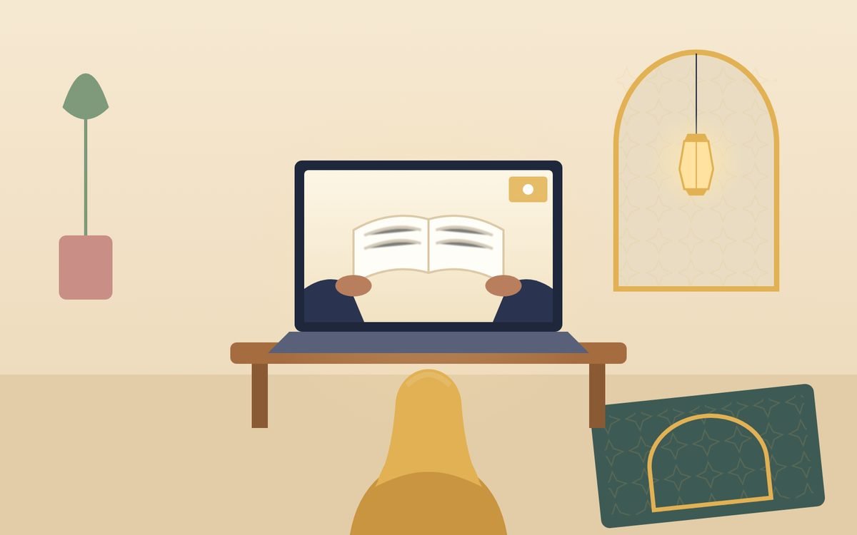 Illustration: a girl in hijab, seen from behind, in her prayer corner during an online lesson; the teacher’s hands and an open book are on the laptop screen